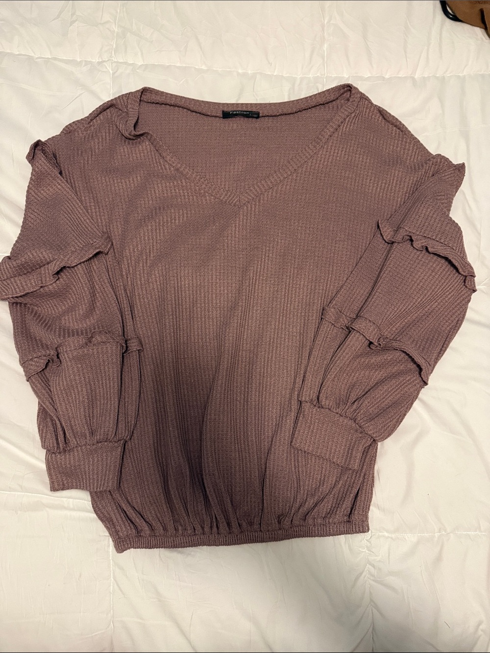 Waffle Knit V-Neck Ruffle Sleeve Top — Mauve